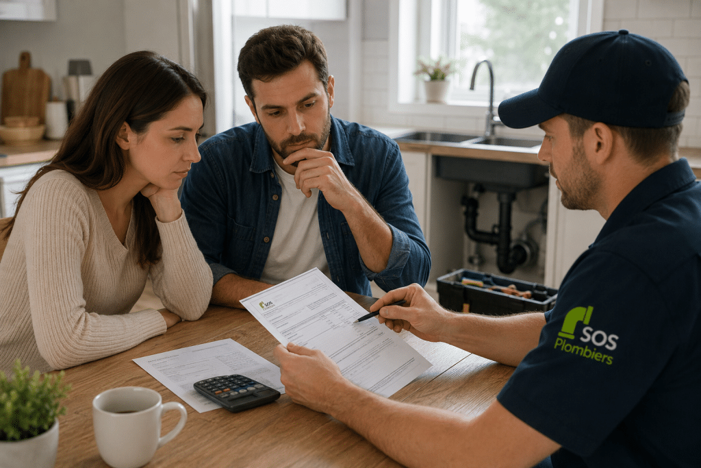 Who should pay the plumber - tenant or landlord Tenant and landlord discussing a plumber's bill in a rental property