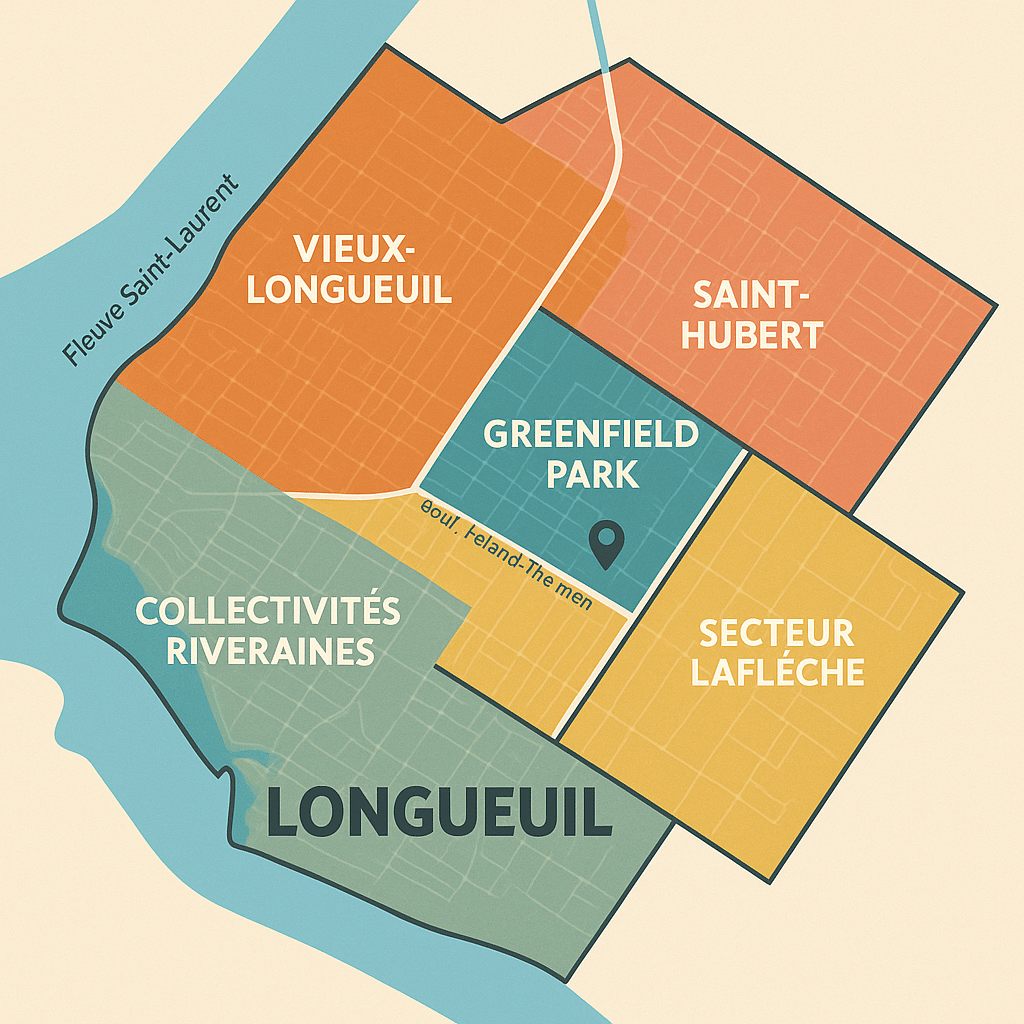 Map of neighborhoods served by SOS Plombiers certified plumbers in Longueuil