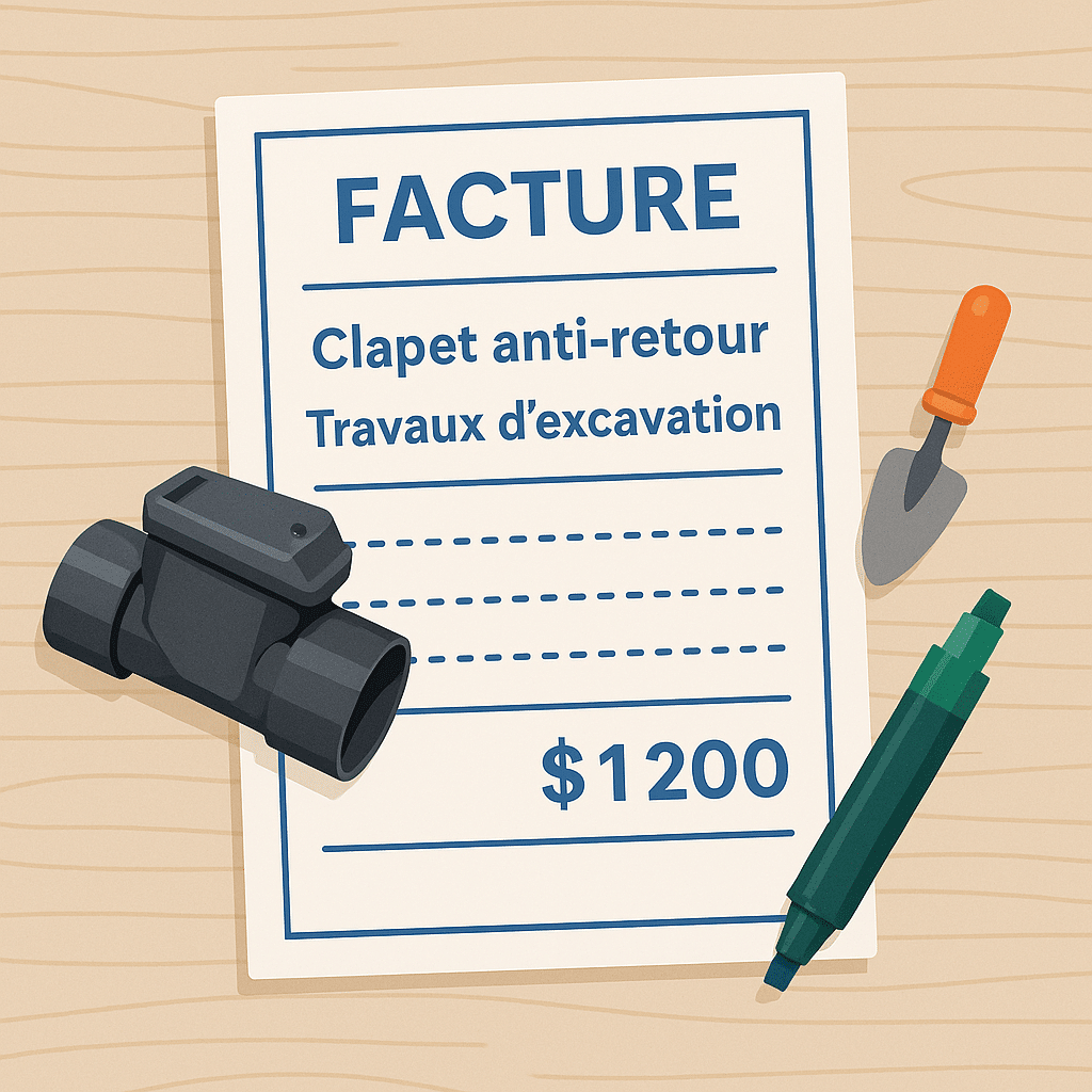 Infographic of average prices for the installation of a check valve in Quebec in 2025, by type of work and accessibility.