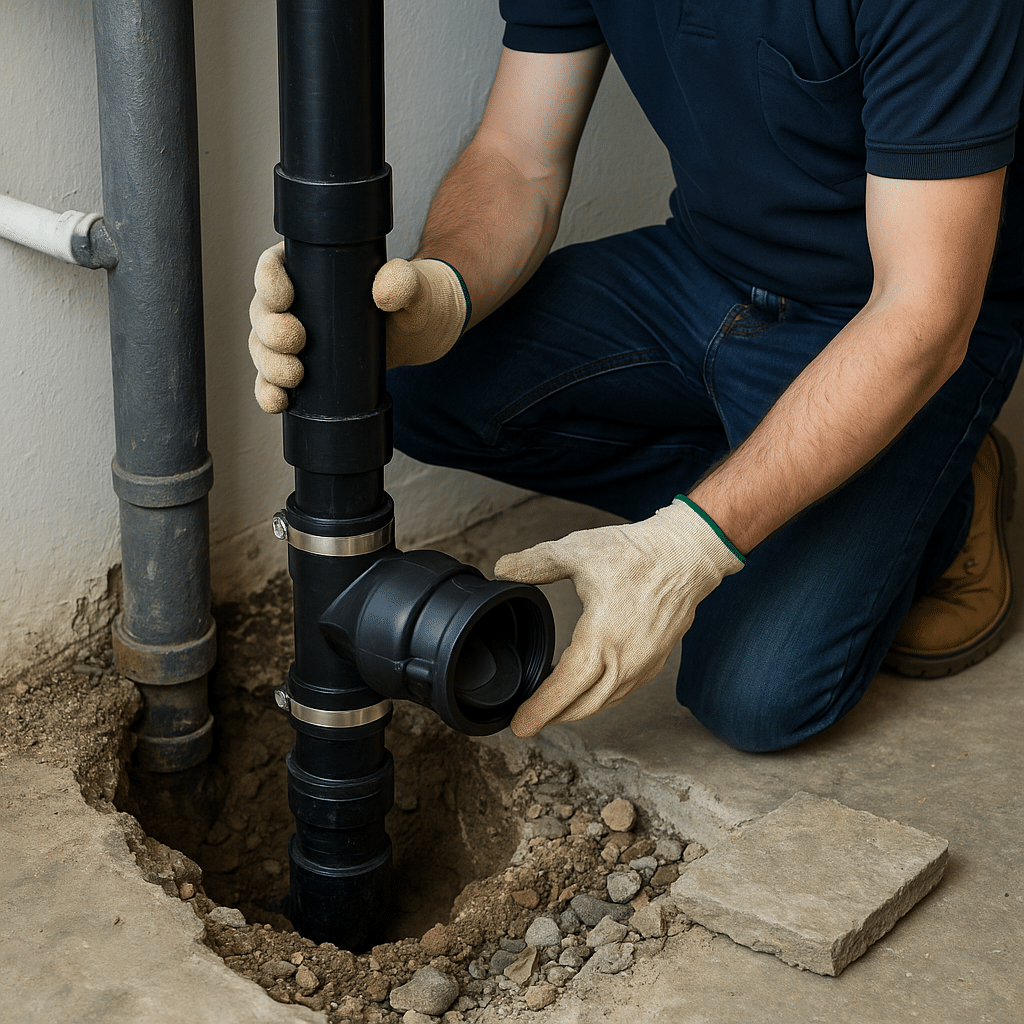 Professional installation of a check valve by a certified plumber in Montreal, including partial excavation and pipe connection.