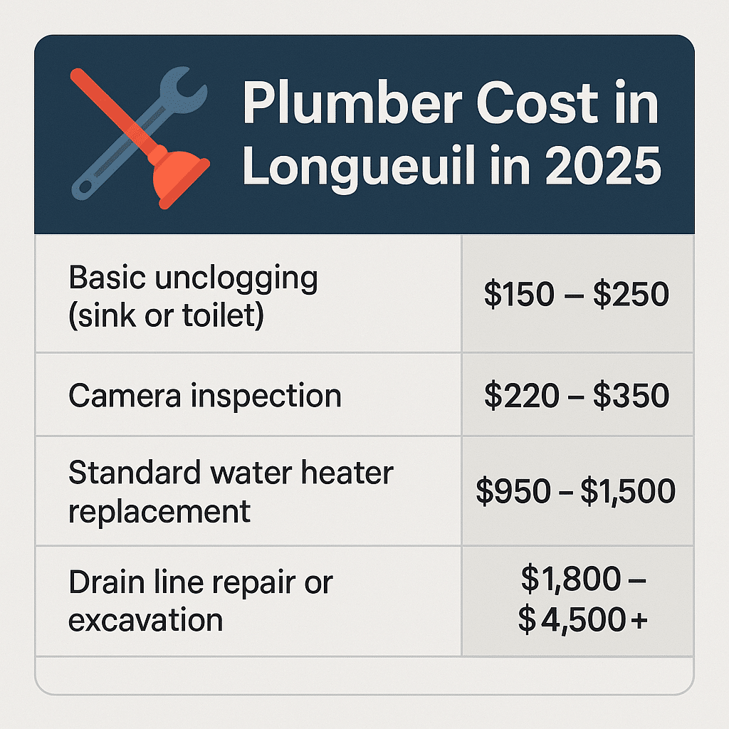 Infographic of average prices for plumbing services in Longueuil in 2025, by type of intervention: emergency, unclogging, water heater replacement, inspection, etc.