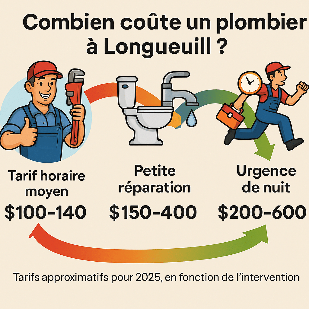 Infographie des prix moyens pour des services de plomberie à Longueuil en 2025 selon le type d’intervention : urgence, débouchage, remplacement de chauffe-eau, inspection, etc.