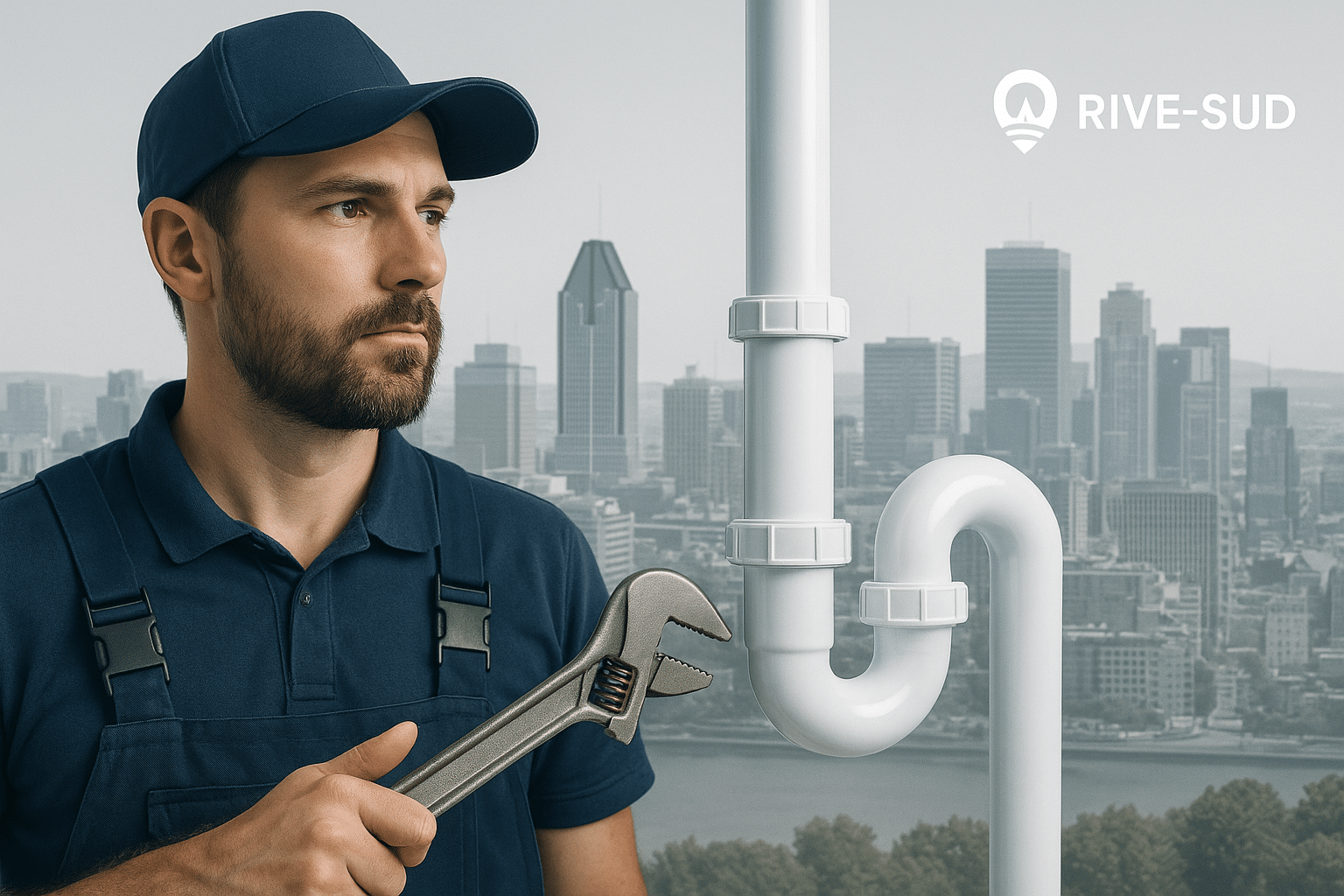 SOS Plombiers Rive-Sud – Service d’urgence 24h et plomberie résidentielle Plombier certifié intervenant sur la Rive-Sud avec vue sur Montréal et canalisation en avant-plan
