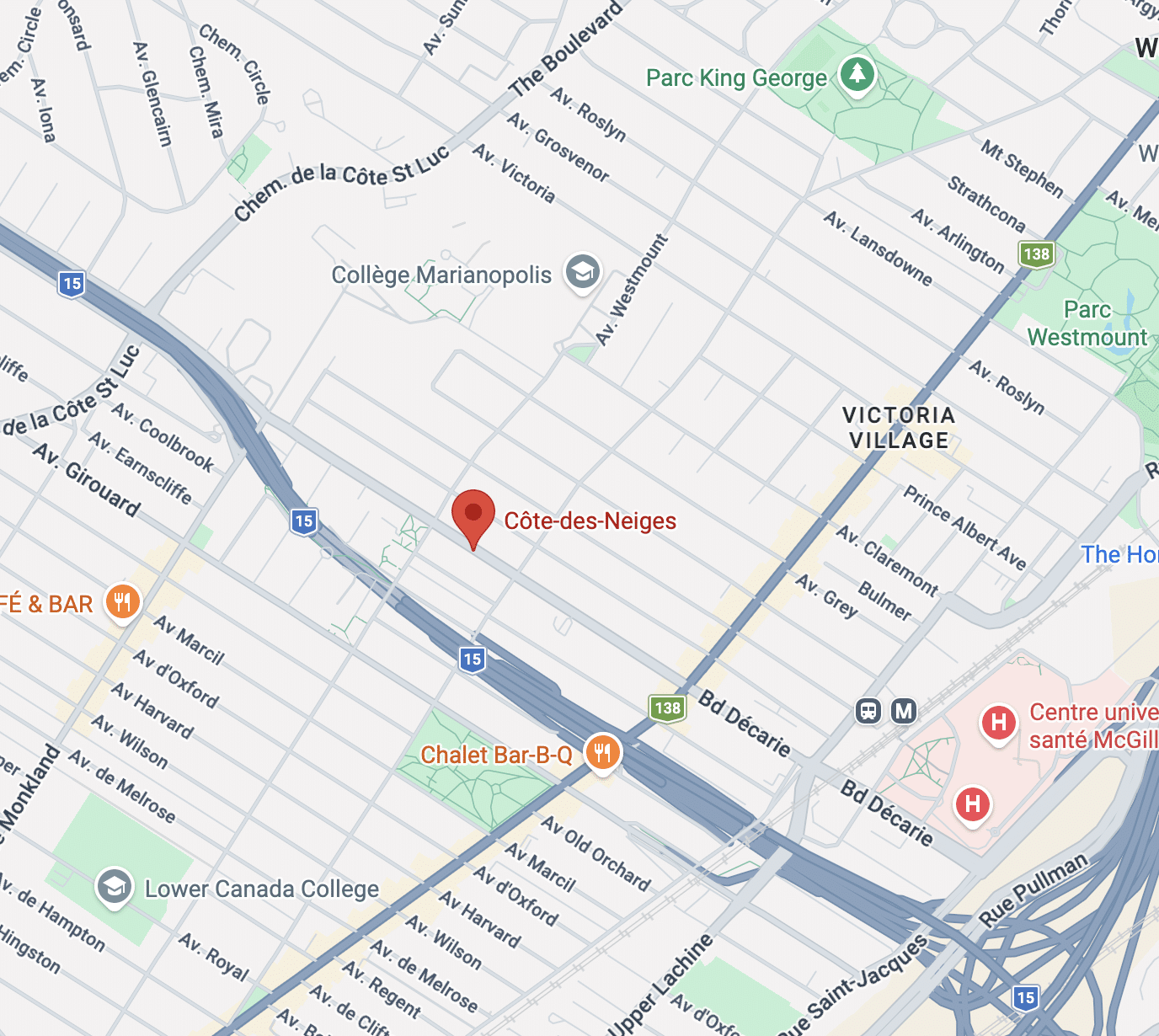 carte-cote-des-neiges-notre-dame-de-grace-secteurs-montreal Carte du secteur de Côte-des-Neiges–Notre-Dame-de-Grâce montrant son emplacement dans l’ouest-centre de Montréal et ses repères de proximité