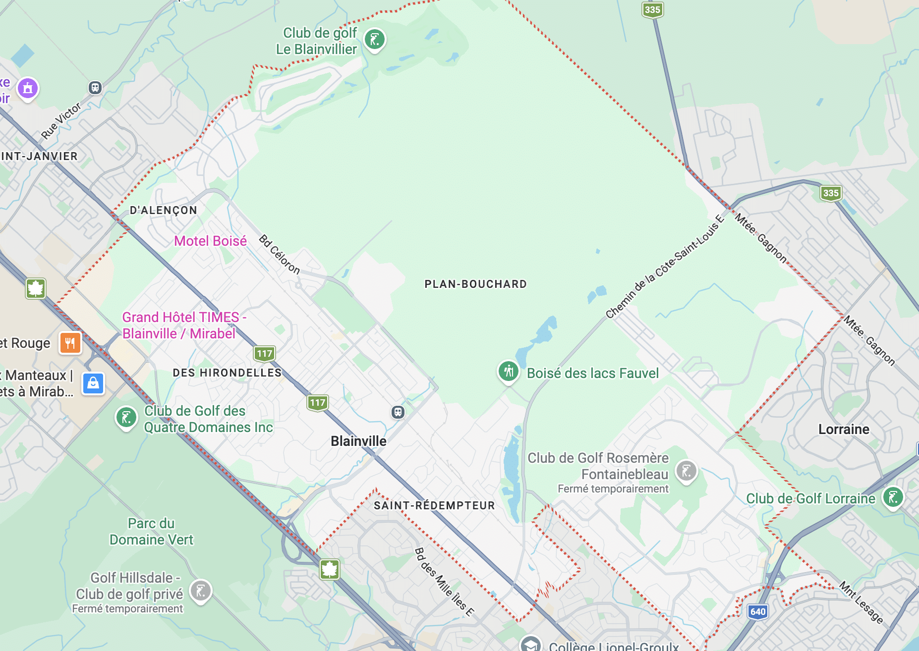 map-blainville-rive-nord-secteurs-desservis Map of Blainville and surrounding North Shore areas served by SOS Plumbers for plumbing emergencies and services