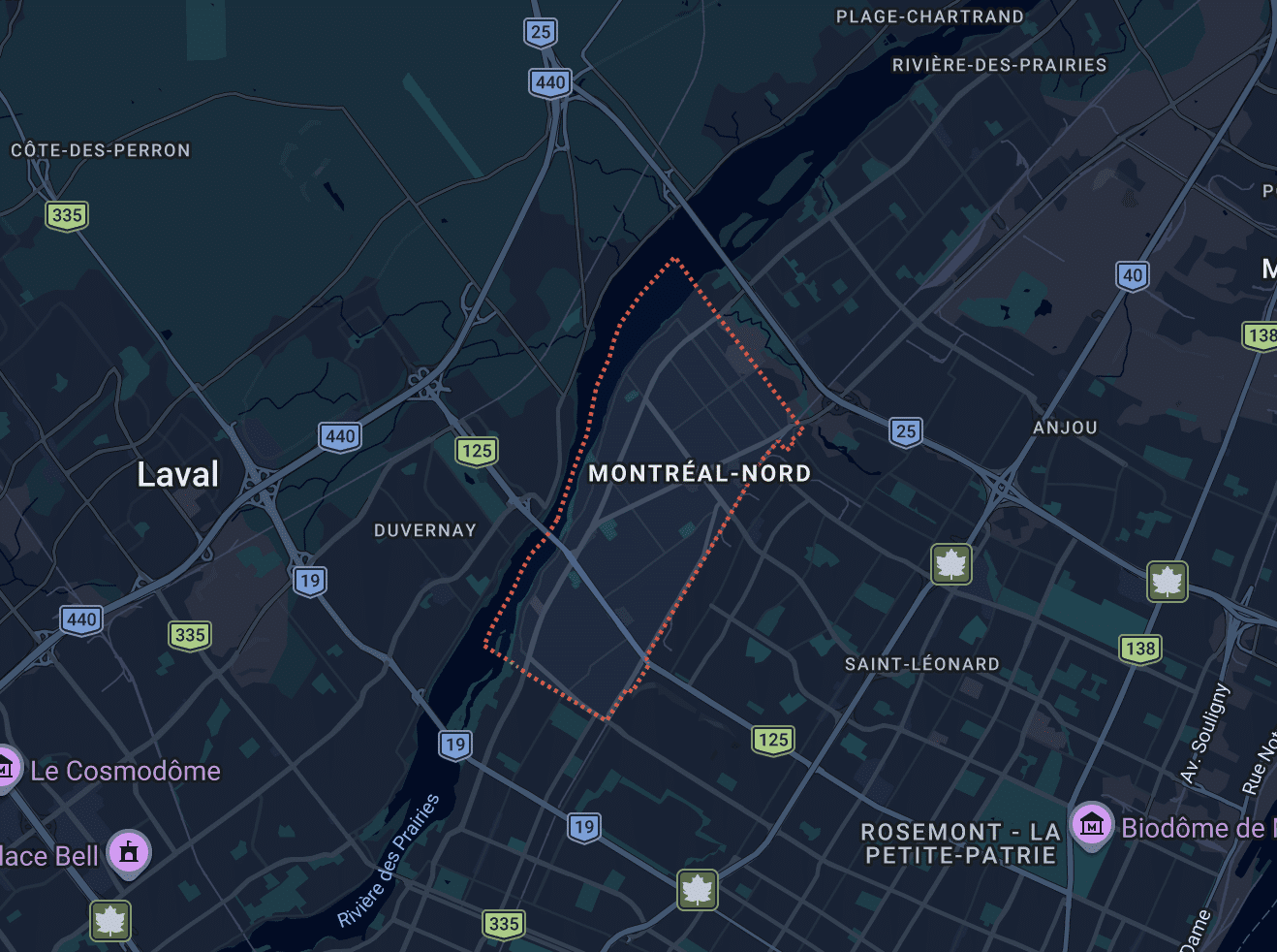 map-montreal-north-neighboring-sectors-east-northeast Map of Montreal-North and neighboring sectors of the east and northeast of the island for SOS Plumbers' plumbing services