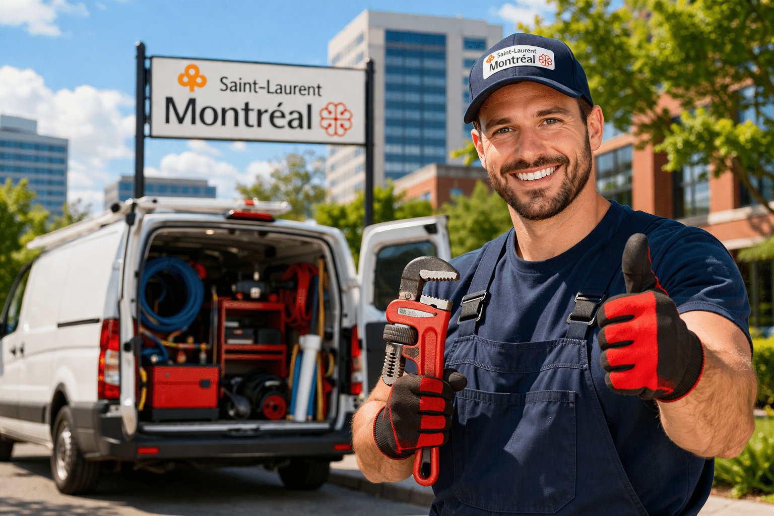 plumbing-saint-laurent-souriant-plumber-urban Smiling plumbing technician in Saint-Laurent in front of a service vehicle, ready for a quick intervention in an urban environment.
