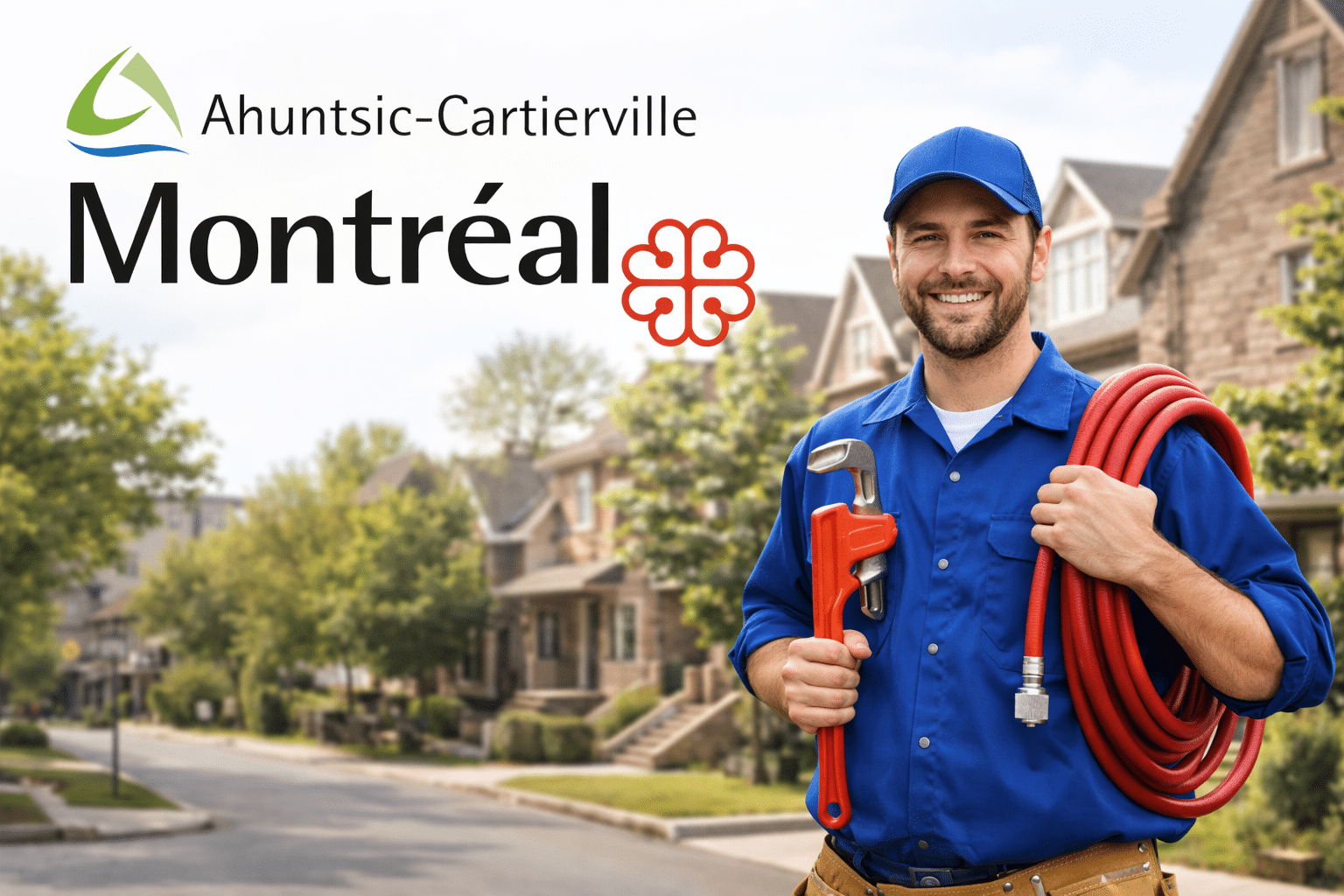 plombier-ahuntsic-cartierville-intervention-rapide-montreal Technicien en plomberie souriant à Ahuntsic-Cartierville dans une rue résidentielle de Montréal, prêt pour une intervention rapide