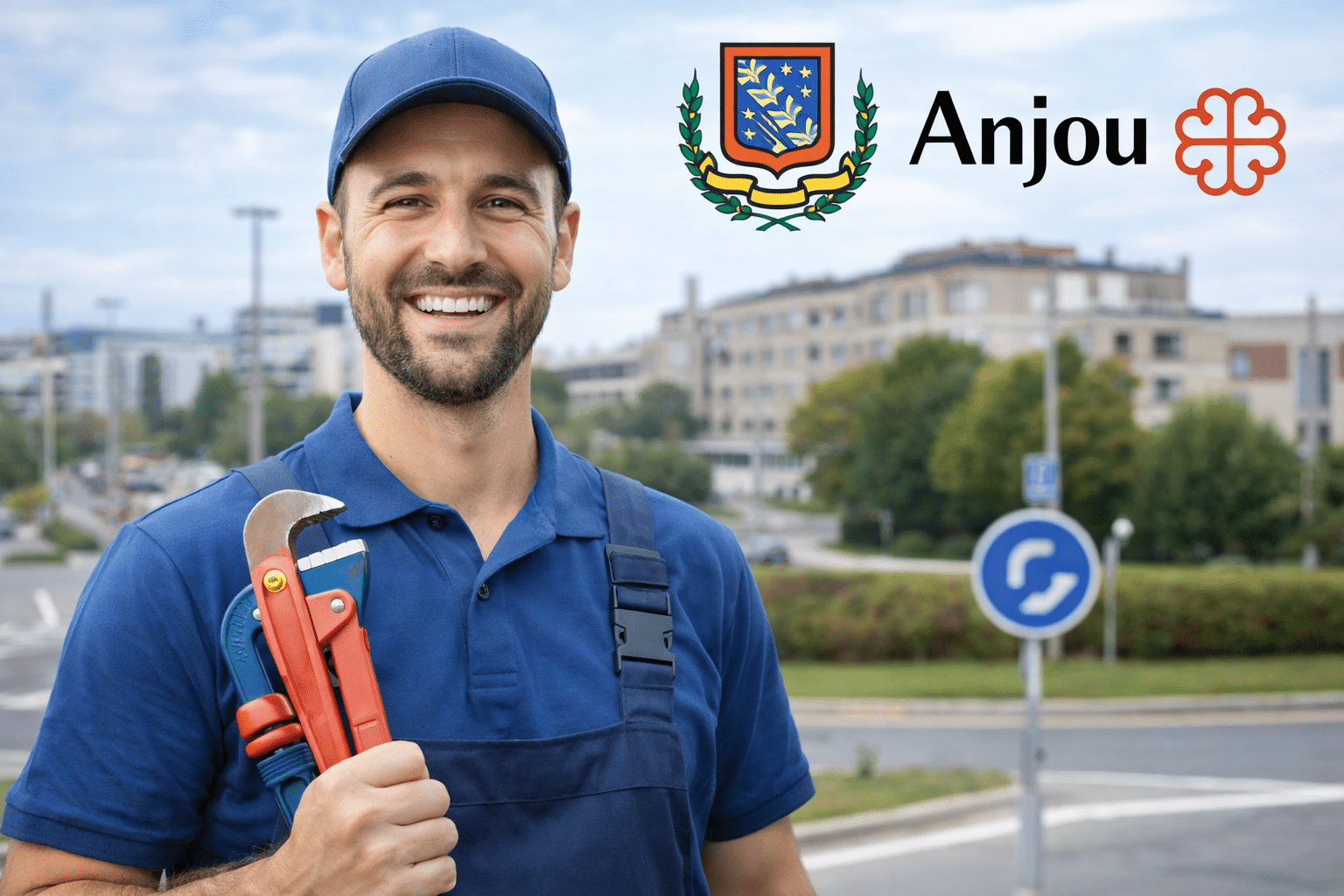 plumber-anjou-intervention-rapide-secteur-urbain-est-montreal Smiling plumber in Anjou with plumbing tools in front of a residential urban setting for a quick response