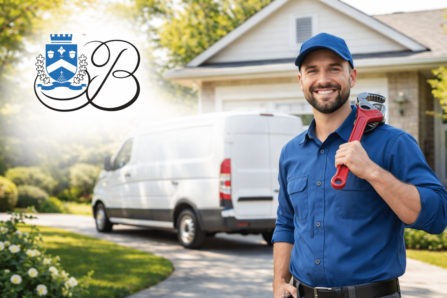 plumber-boucherville-emergency-plumbing-24-7 plumber boucherville emergency plumbing 24 7 residential technician with pipe wrench in front of house