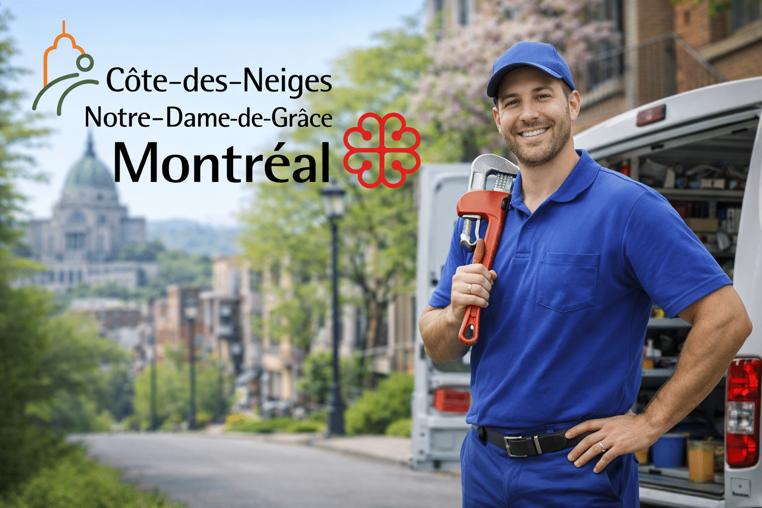 plombier-cote-des-neiges-notre-dame-de-grace-camion-service-montreal Plombier souriant devant son camion de service dans un secteur résidentiel de Côte-des-Neiges–Notre-Dame-de-Grâce à Montréal
