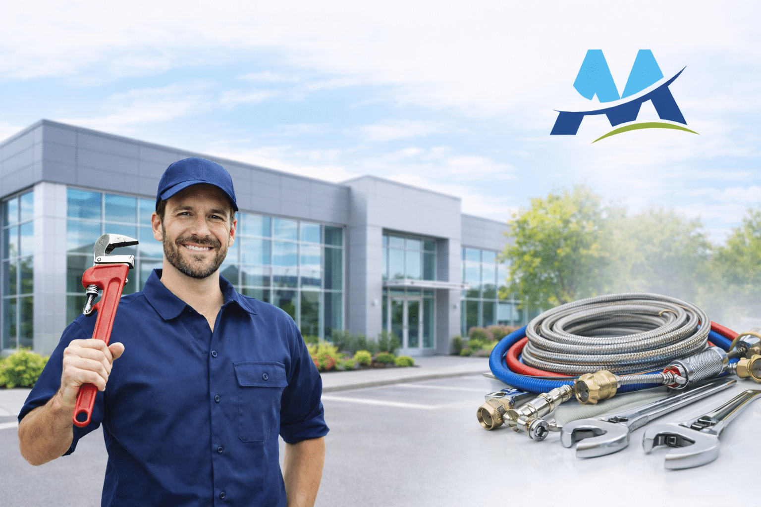 plumber-mirabel-intervention-rapide-rive-nord Smiling plumber in Mirabel in front of a modern building for fast, 24/7 emergency plumbing service