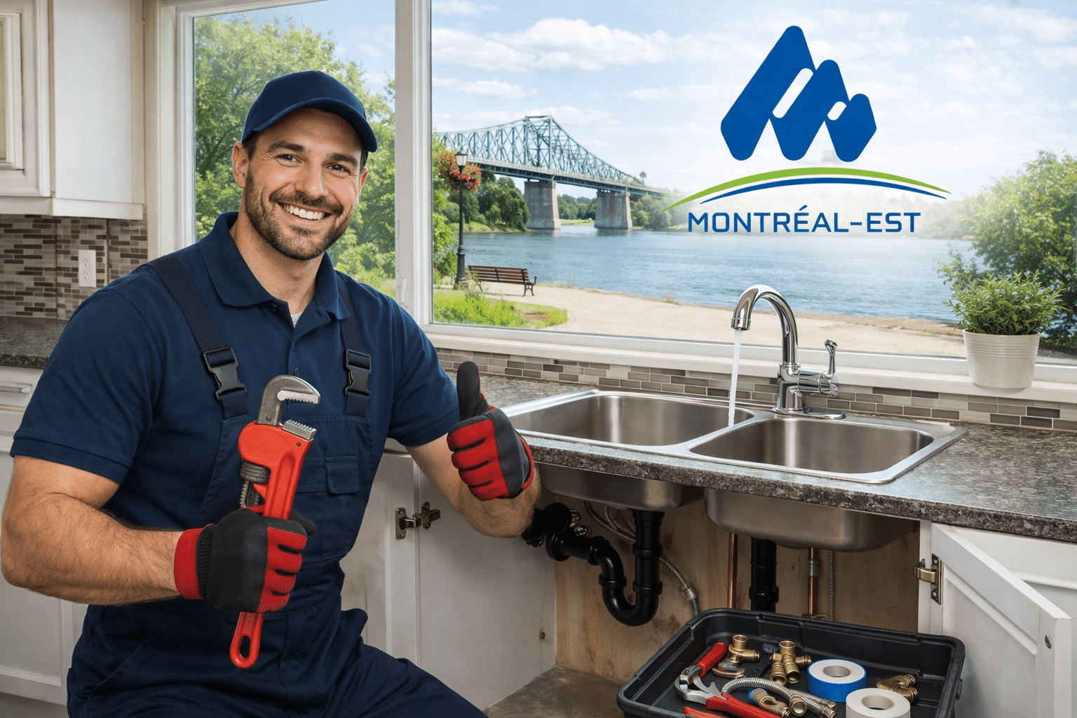 plombier-montreal-est-intervention-rapide-secteur-riverain Plombier souriant à Montréal-Est dans un décor riverain, prêt pour une intervention rapide en plomberie