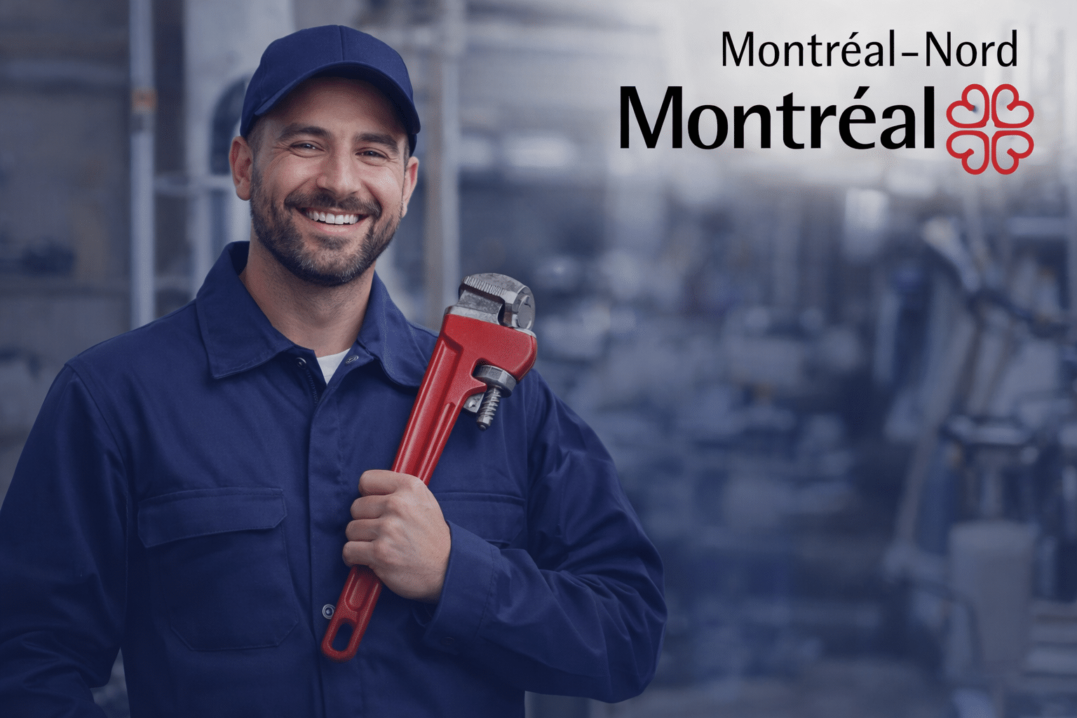 Plumber Montreal North Quick Intervention Urban Environment Smiling plumber in Montreal-North with a plumbing wrench in an urban setting for a quick plumbing service