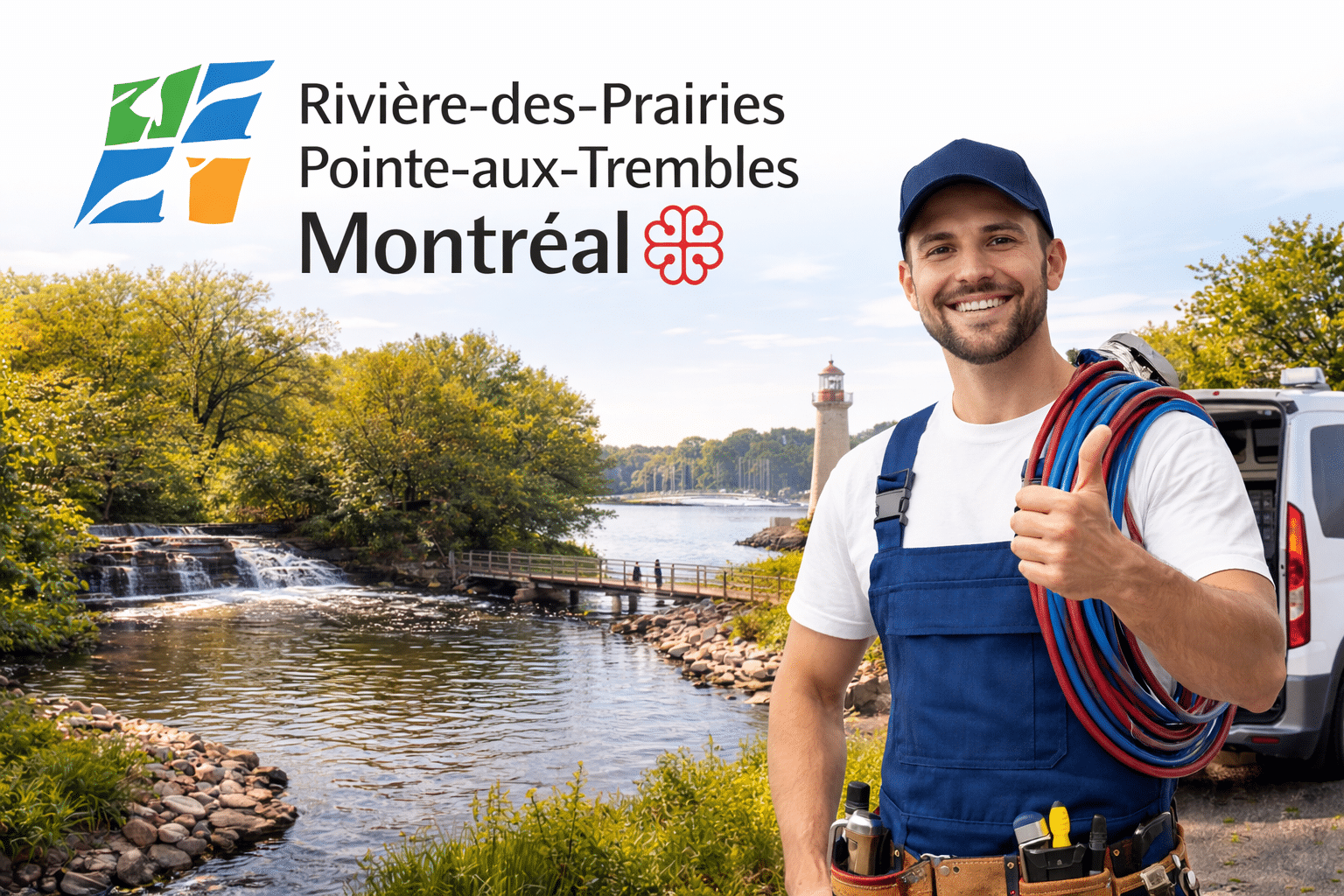 plombier-riviere-des-prairies-pointe-aux-trembles-intervention-rapide-riverain Plombier souriant à Rivière-des-Prairies–Pointe-aux-Trembles avec pouce levé dans un décor riverain pour un service rapide de plomberie et d’urgence