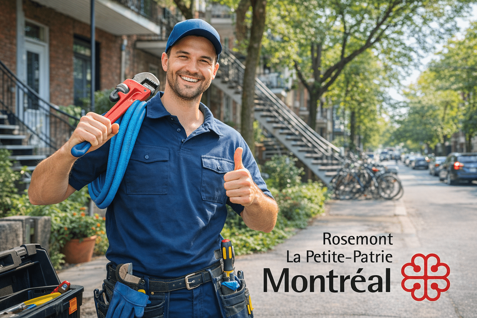 plombier-rosemont-la-petite-patrie-intervention-rapide-24-7 Plombier professionnel dans Rosemont–La Petite-Patrie devant des immeubles montréalais pour une intervention de plomberie en milieu urbain