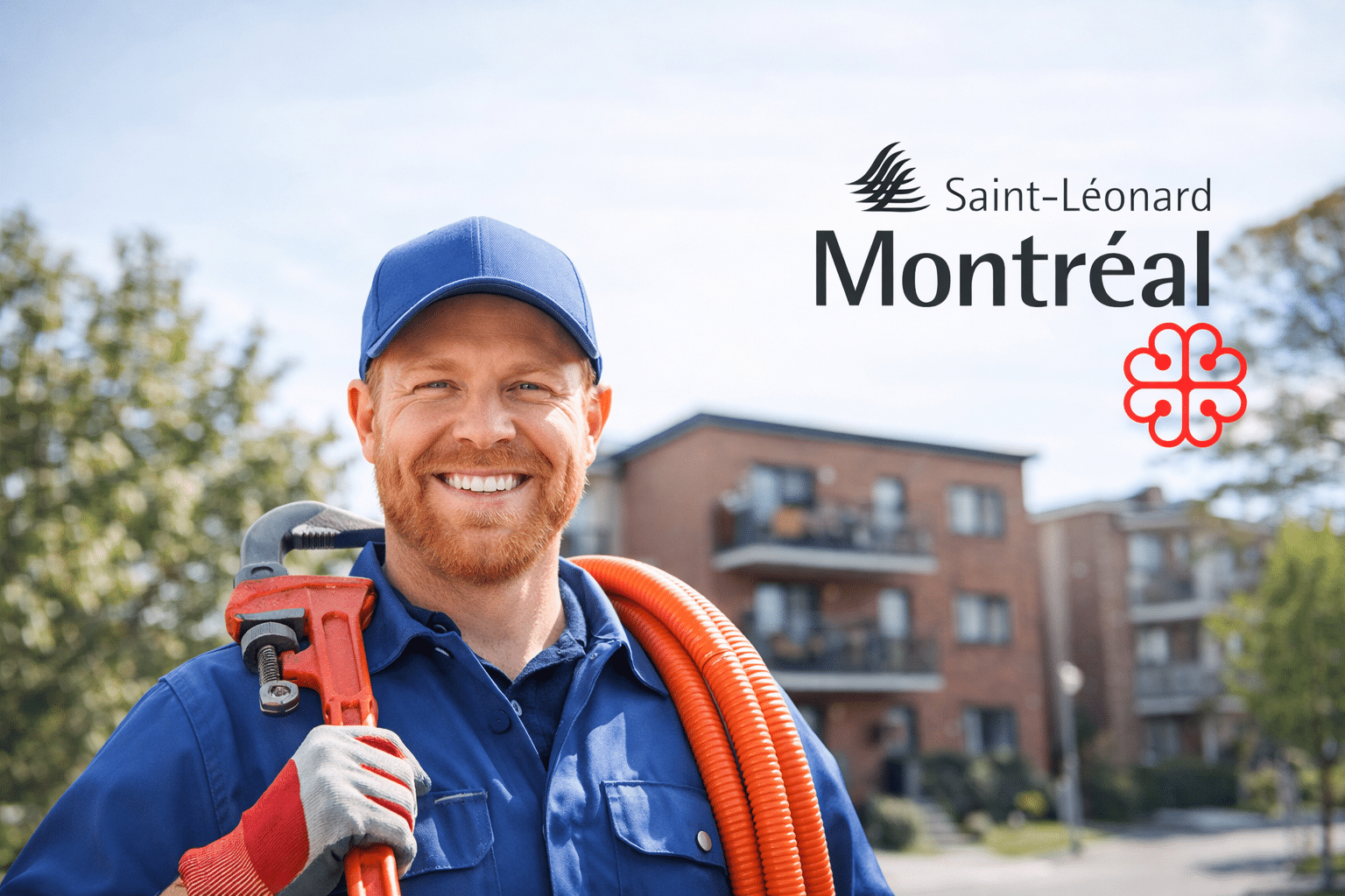 plombier-saint-leonard-intervention-rapide Plombier souriant à Saint-Léonard devant un immeuble résidentiel, prêt pour une intervention rapide en plomberie