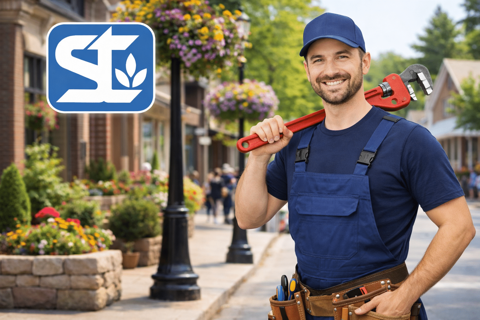plumber-sainte-therese-quick-intervention-city-center Smiling plumber in Sainte-Thérèse in a downtown setting for fast, 24/7 emergency plumbing service