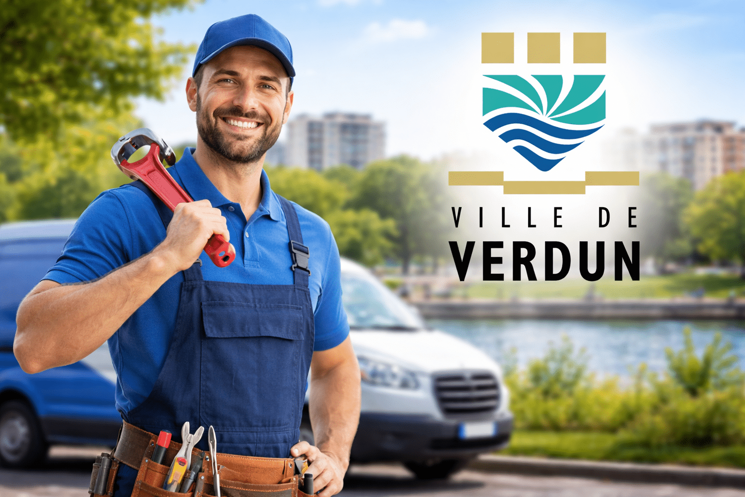 plumber Verdun water's edge service truck Plumber in front of a service truck in a riverside setting in Verdun, Montreal, with the City of Verdun logo