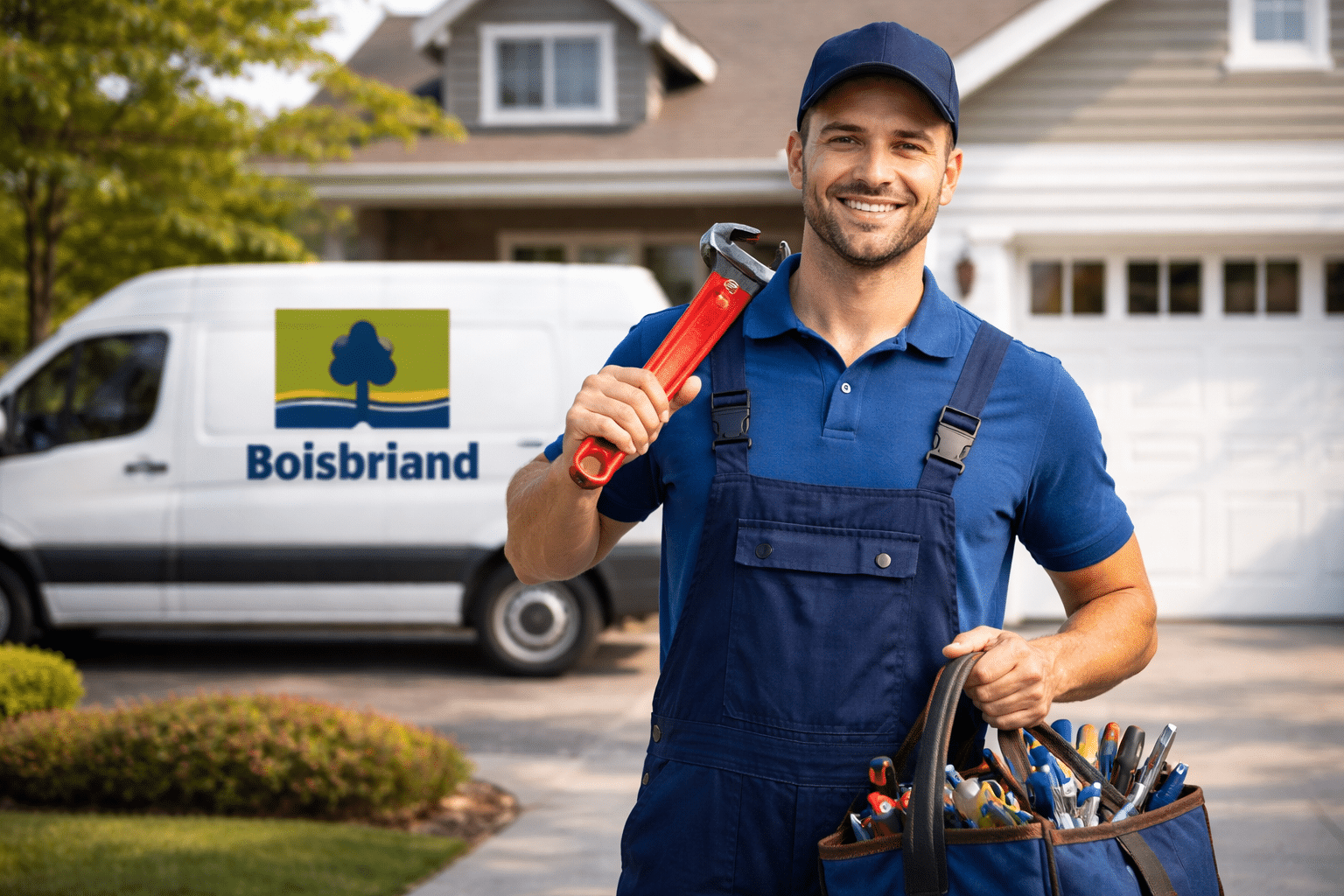 service-plumbing-wood-timber-fast-intervention-24-7 Smiling plumber in Boisbriand in front of a residence for fast plumbing service, emergencies, water leaks and clogged drains