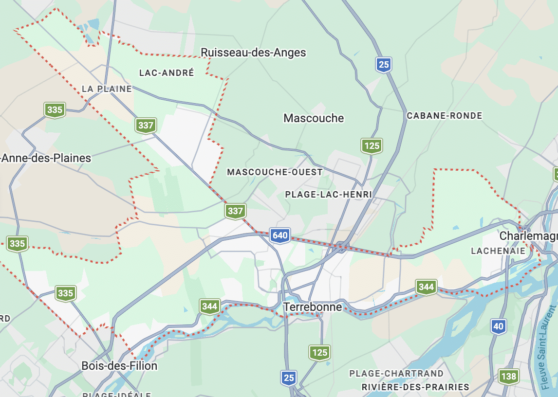 Map of Terrebonne and surrounding North Shore areas served by SOS Plombiers for plumbing emergencies and services