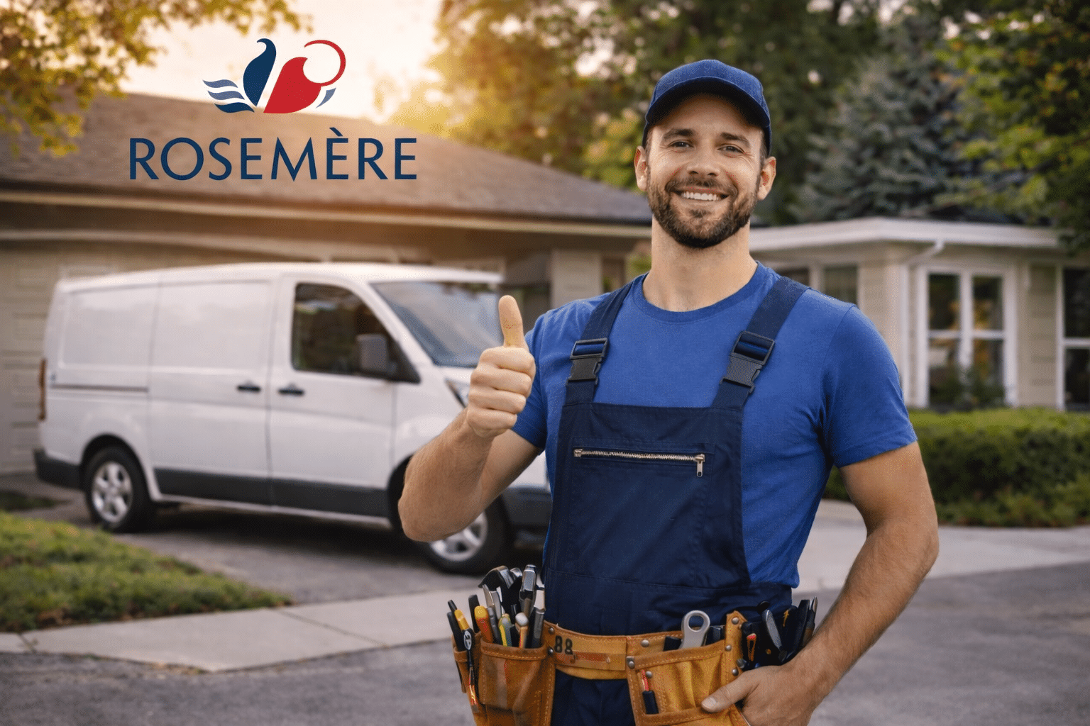 plombier-a-rosemere-devant-son-camion-de-service Plombier à Rosemère devant son camion de service dans un secteur résidentiel de la Rive-Nord, prêt pour une intervention de plomberie 24/7