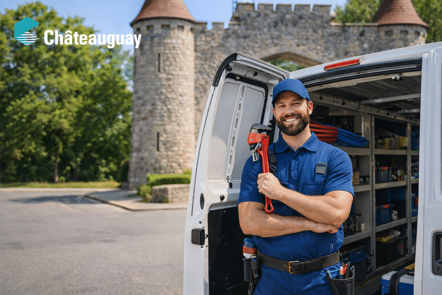 plumber-chateauguay-truck-emergency-service-south-shore Plumber in Châteauguay in front of his service truck, ready for a 24/7 plumbing emergency on the South Shore