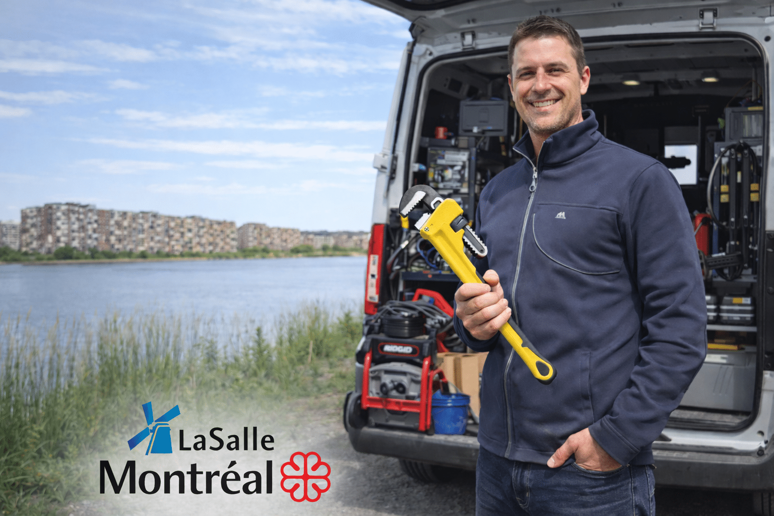 plumber LaSalle truck service waterfront Montreal Plumber in LaSalle in front of his service truck by the water in Montreal, ready for 24/7 plumbing services