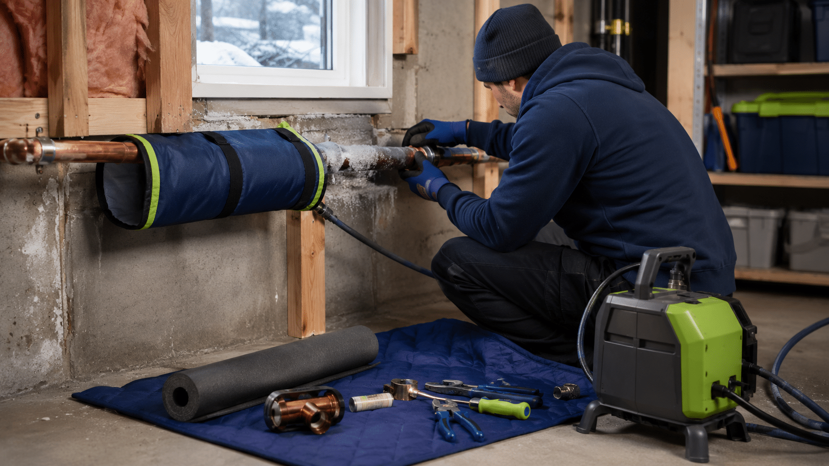 Plombier en train de dégeler et réparer un tuyau gelé dans un sous-sol résidentiel avec de l’équipement spécialisé.