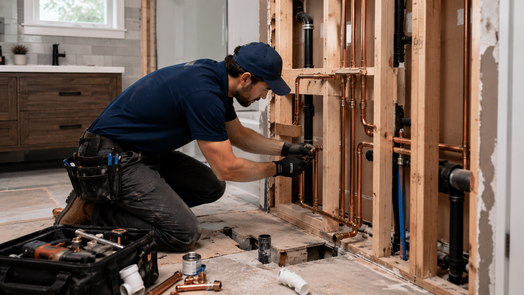 Plombier modifiant des conduites de cuivre dans un mur ouvert pendant la rénovation d’une salle de bain résidentielle.