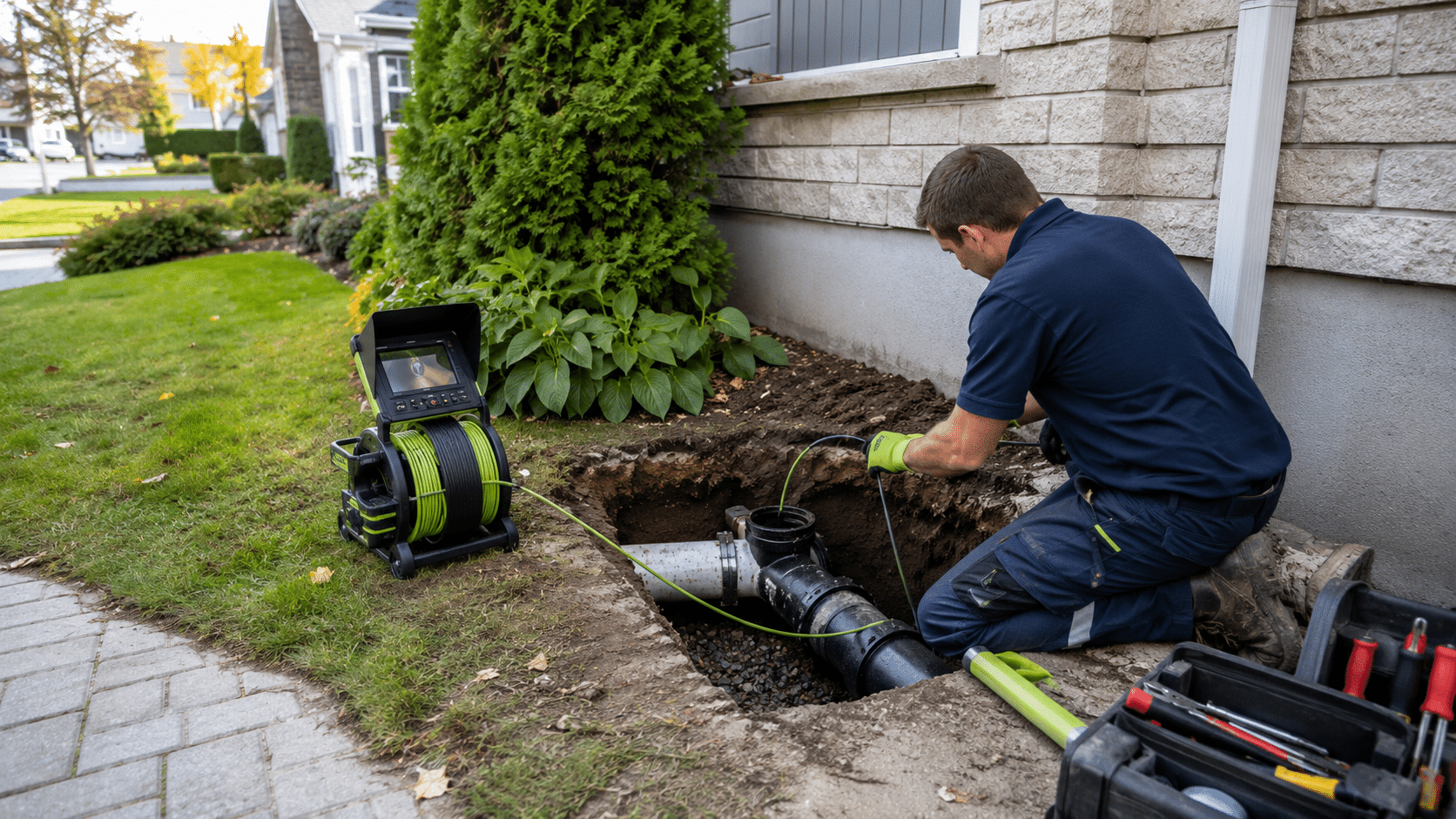 Plombier inspectant une conduite d’égout résidentielle exposée à l’aide d’une caméra de drain devant une maison.