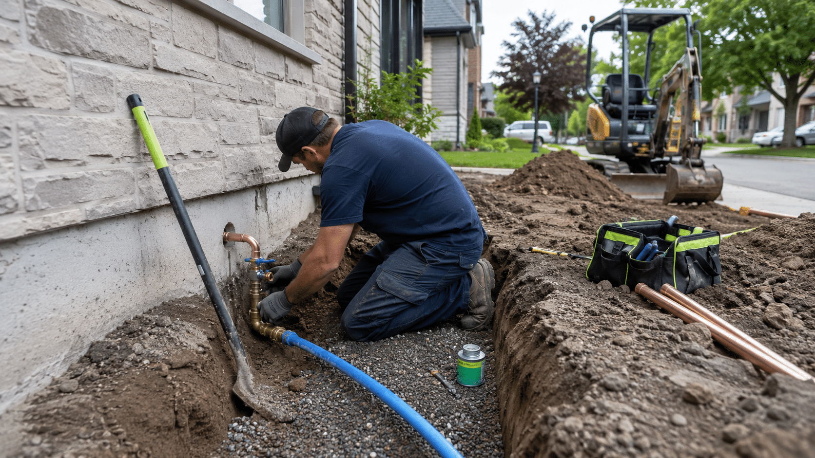Plombier travaillant dans une tranchée le long d’une maison pour réparer ou remplacer une entrée d’eau résidentielle.